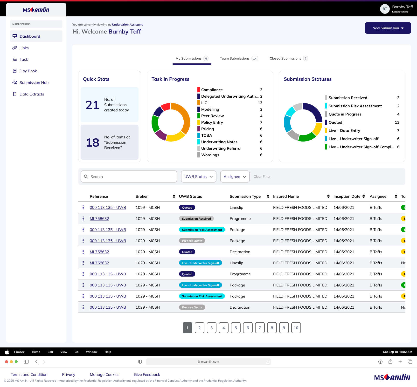 MS Amlin high-fidelity dashboard preview