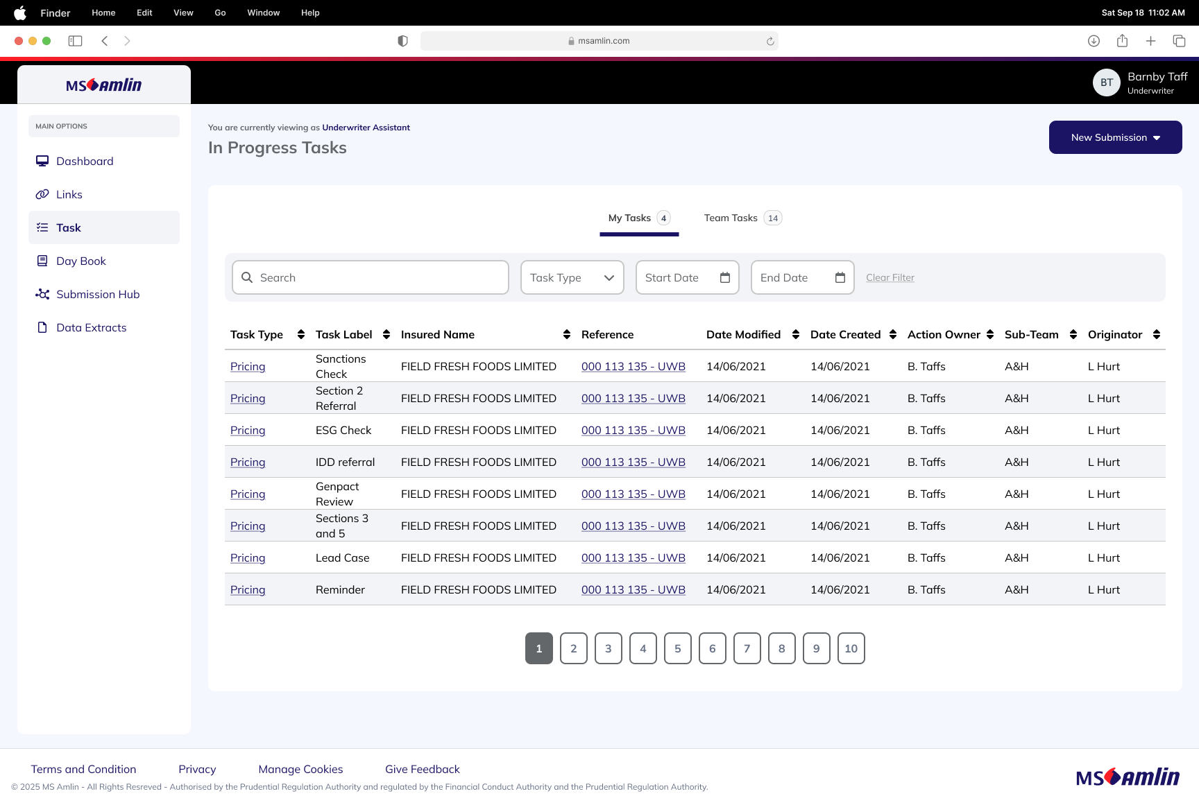 High-fidelity MS Amlin task management table screen