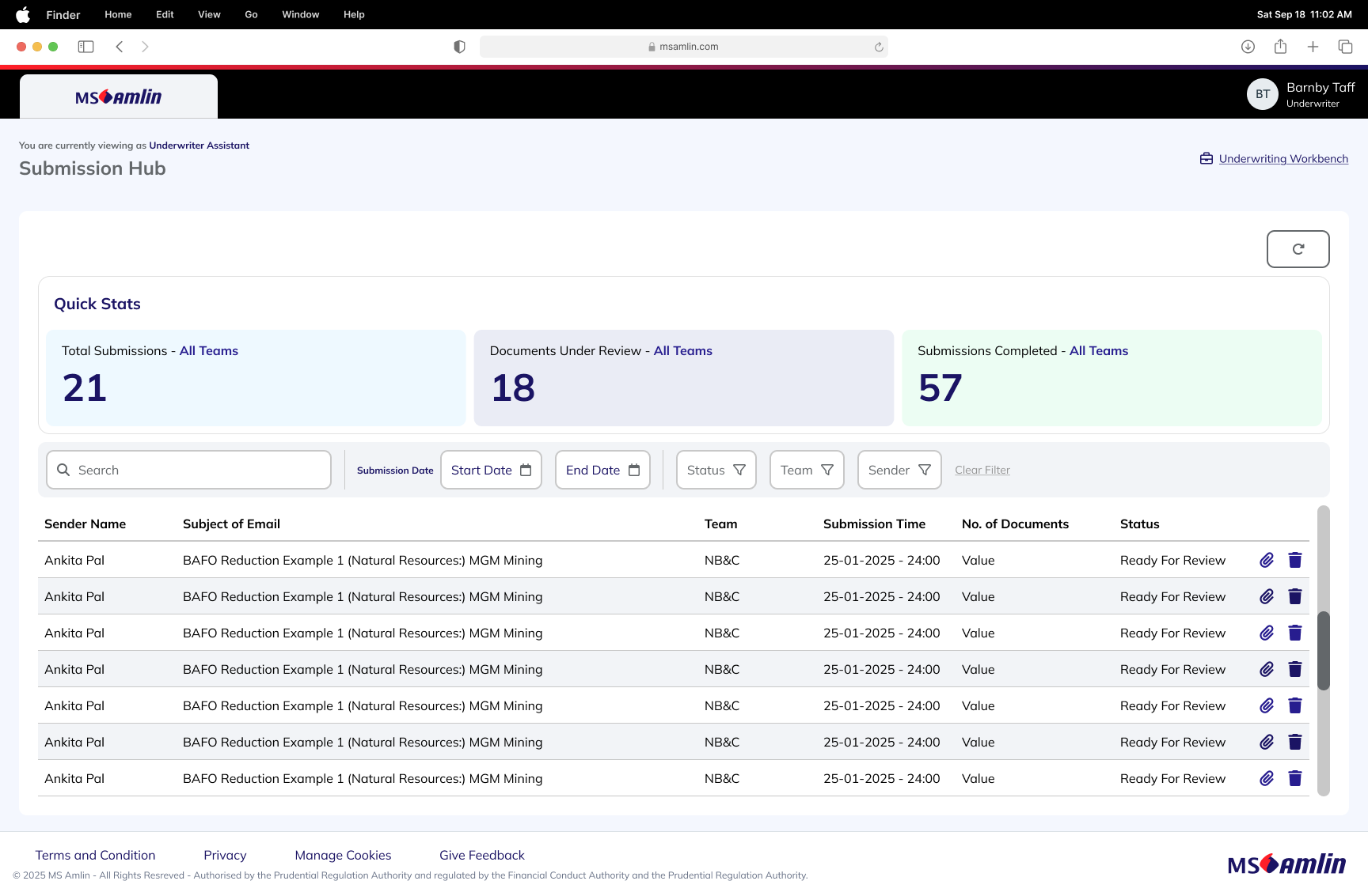 High-fidelity MS Amlin submission hub table screen