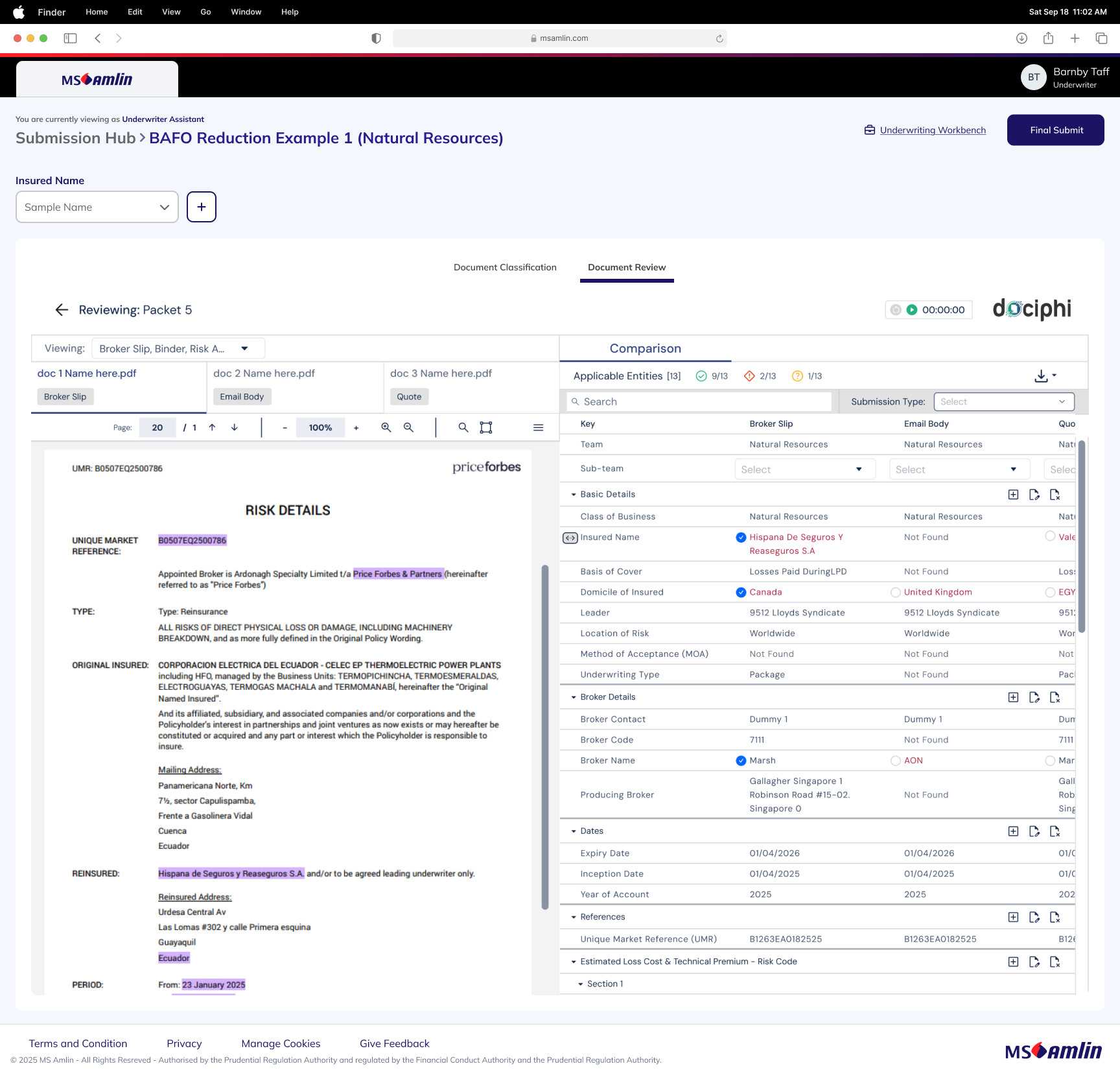 High-fidelity document review screen with source document and extracted information panels
