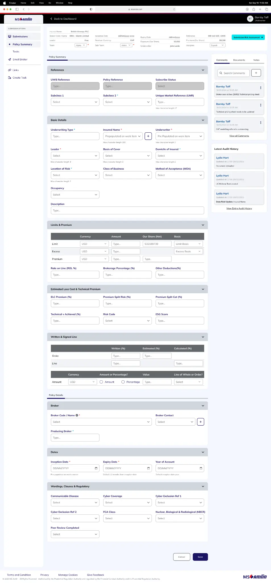 High-fidelity policy information form for MS Amlin risk management