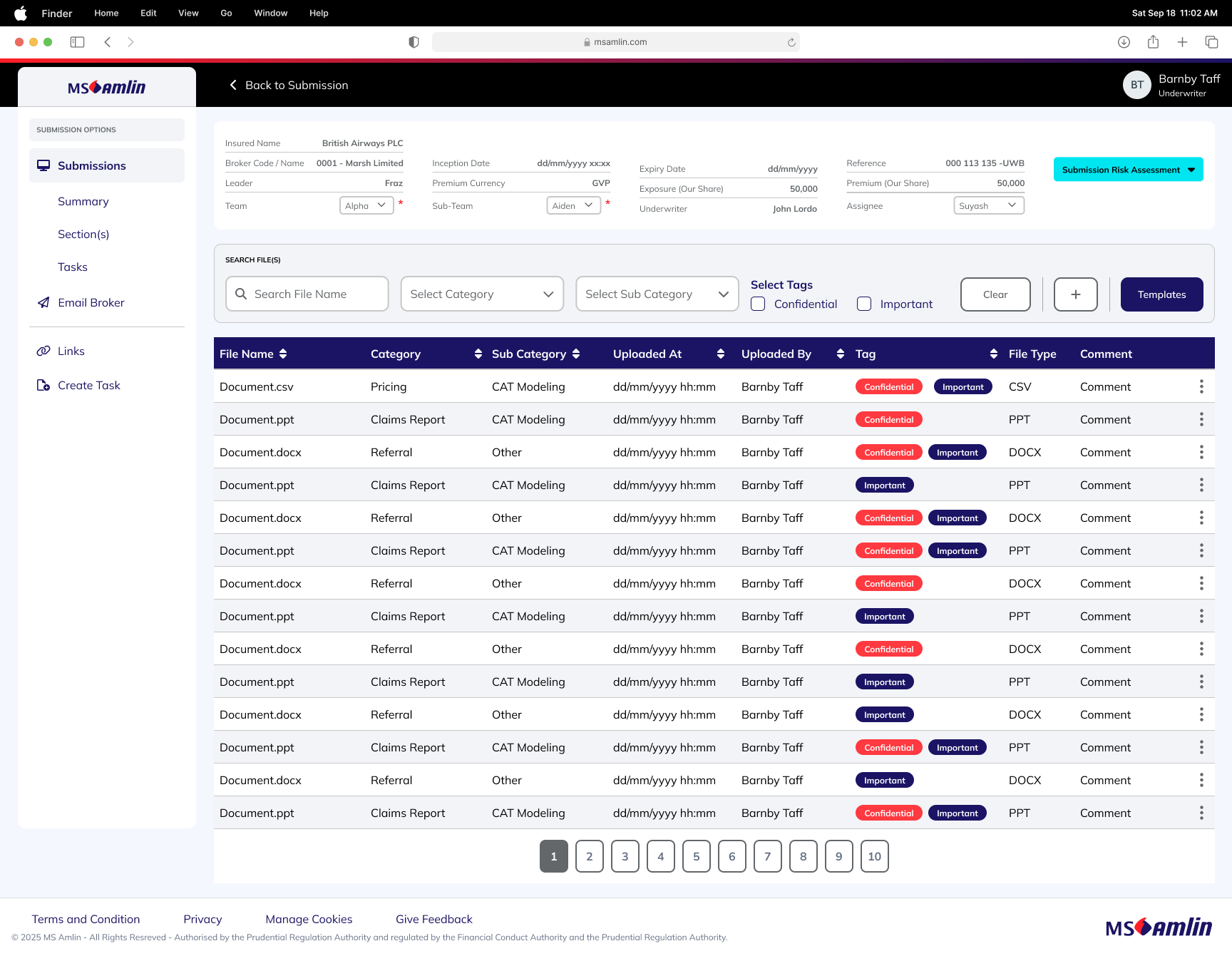 High-fidelity document management screen for MS Amlin