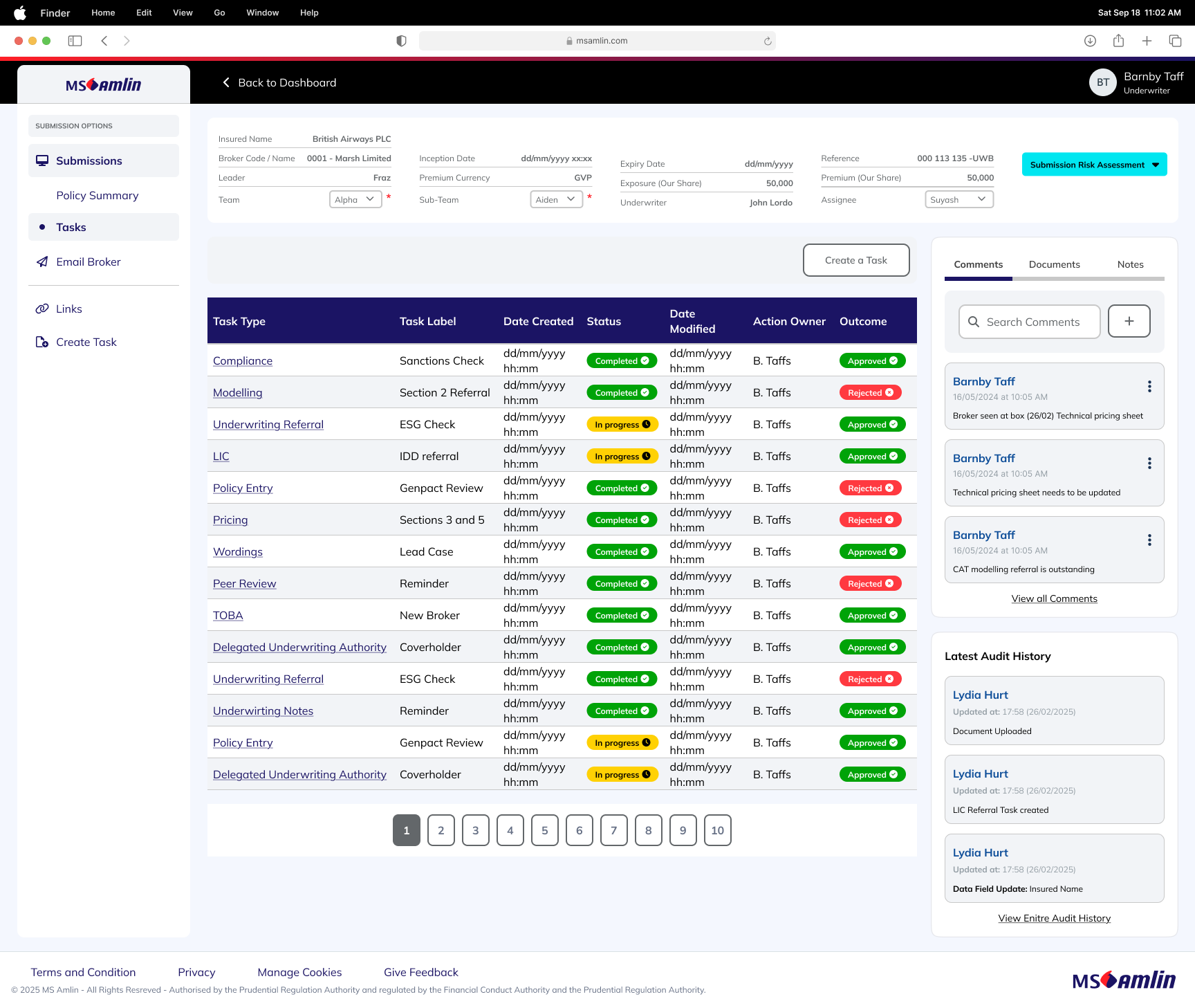 High-fidelity referral task table screen for MS Amlin
