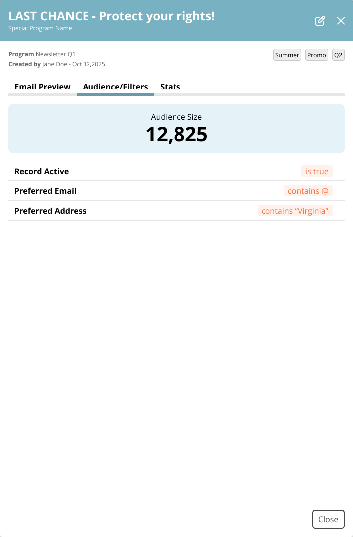 Audience filter panel