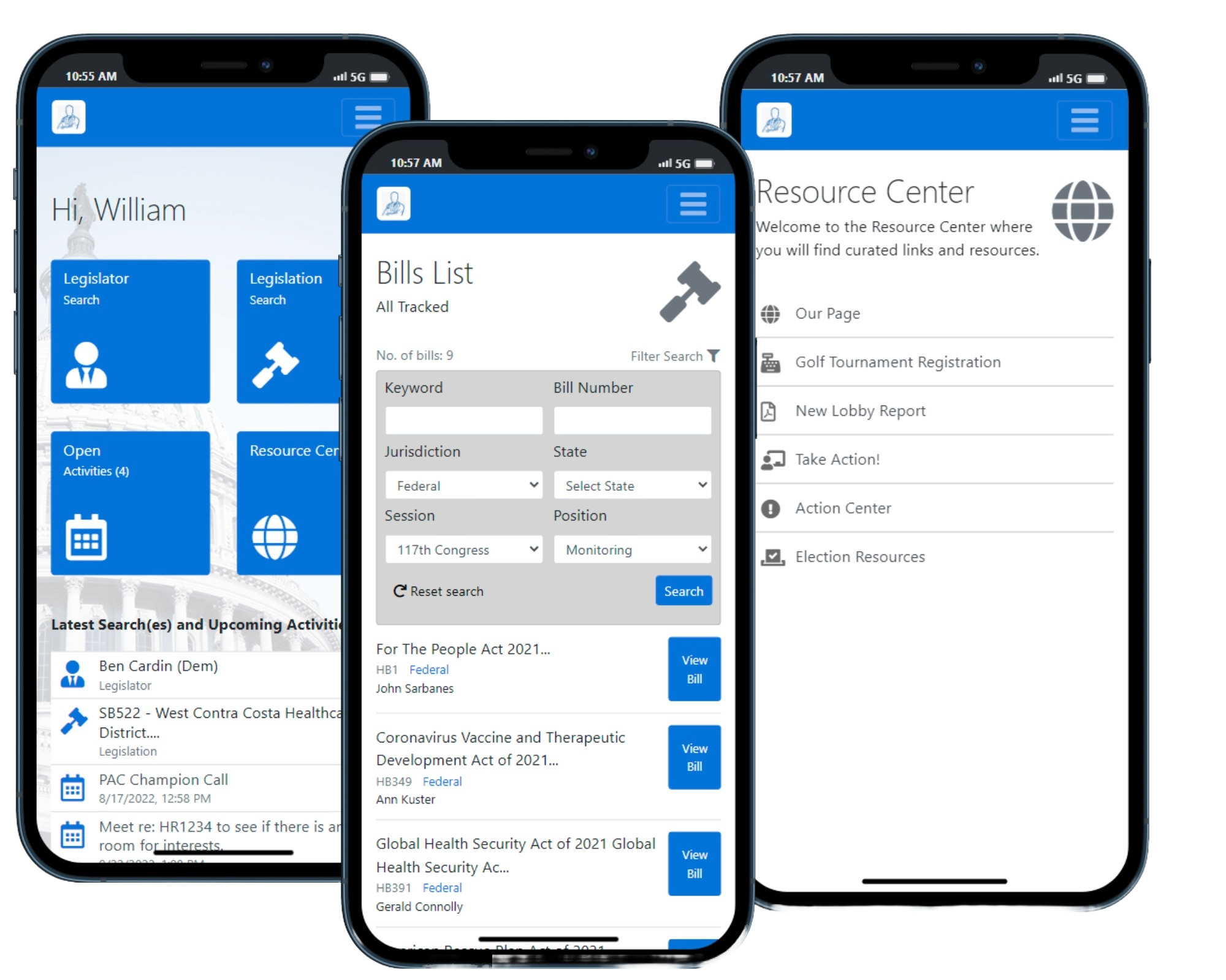Arena 360 mobile app screens showing home actions, bills list filters, and resource center navigation