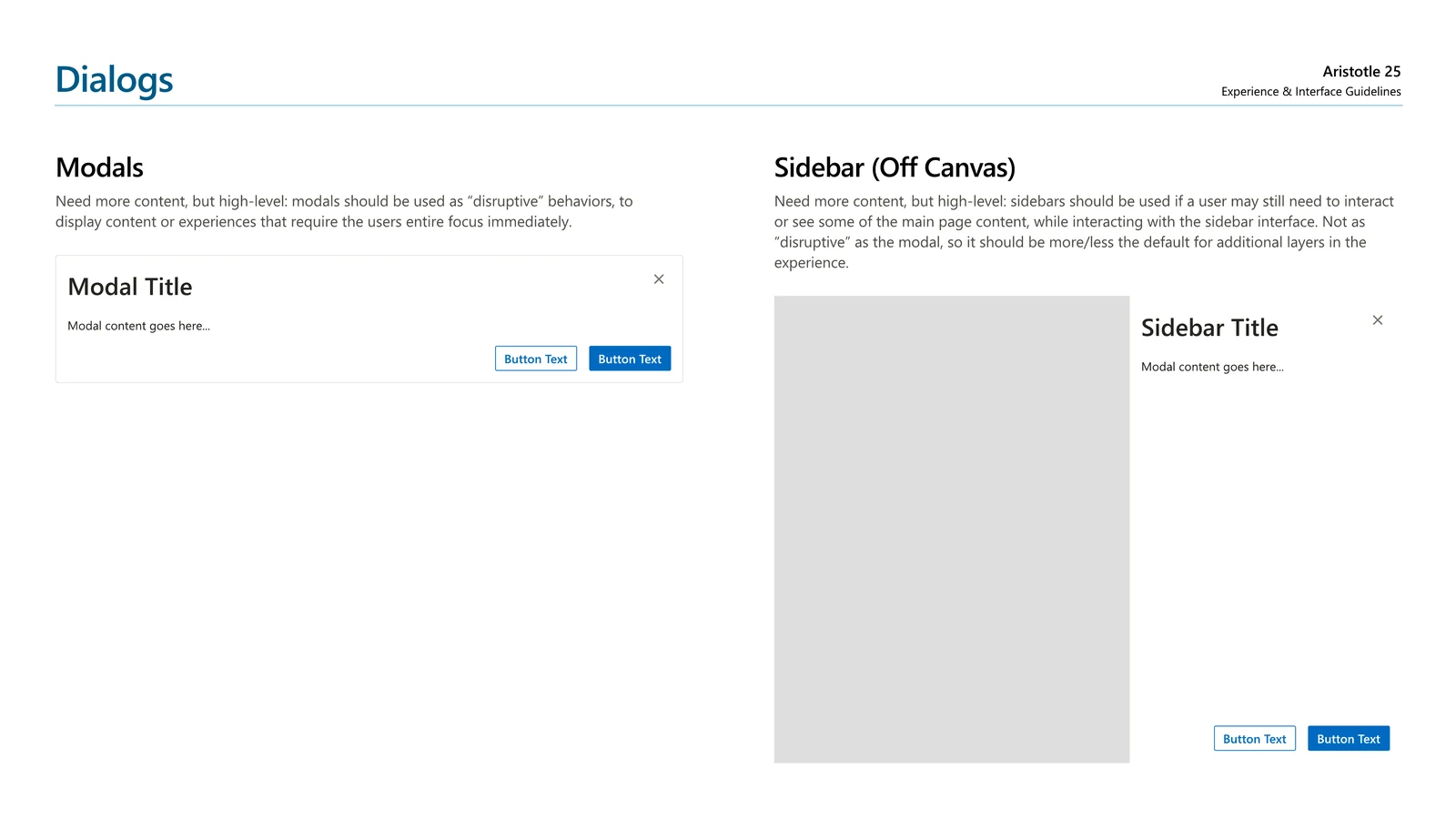 Aristotle PDF guideline screen showing dialogs, modals, and off-canvas examples
