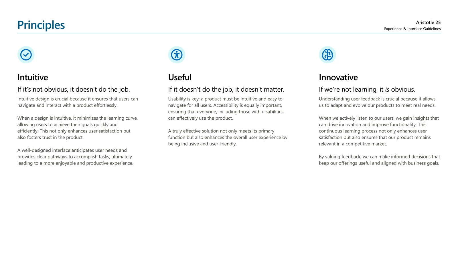 Aristotle PDF guideline screen showing the Intuitive, Useful, and Innovative design principles