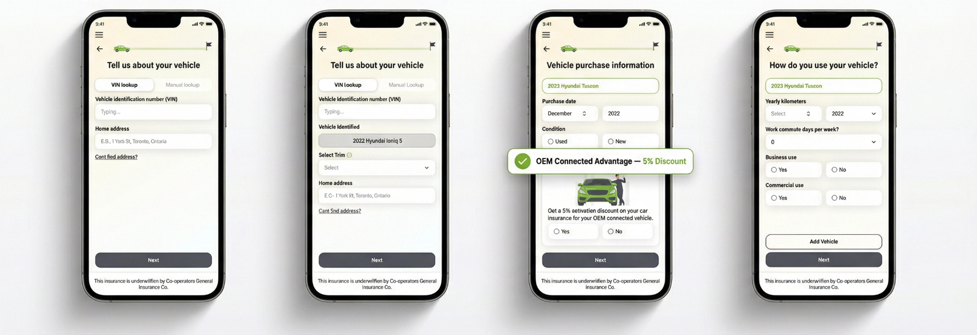 Auto Insurance quote, coverage customization, billing, and discount mobile screens