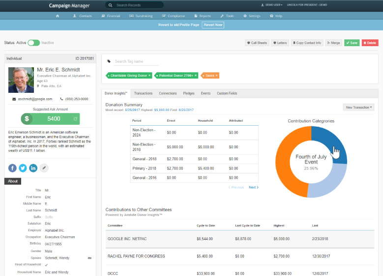 Donor profile and giving summary