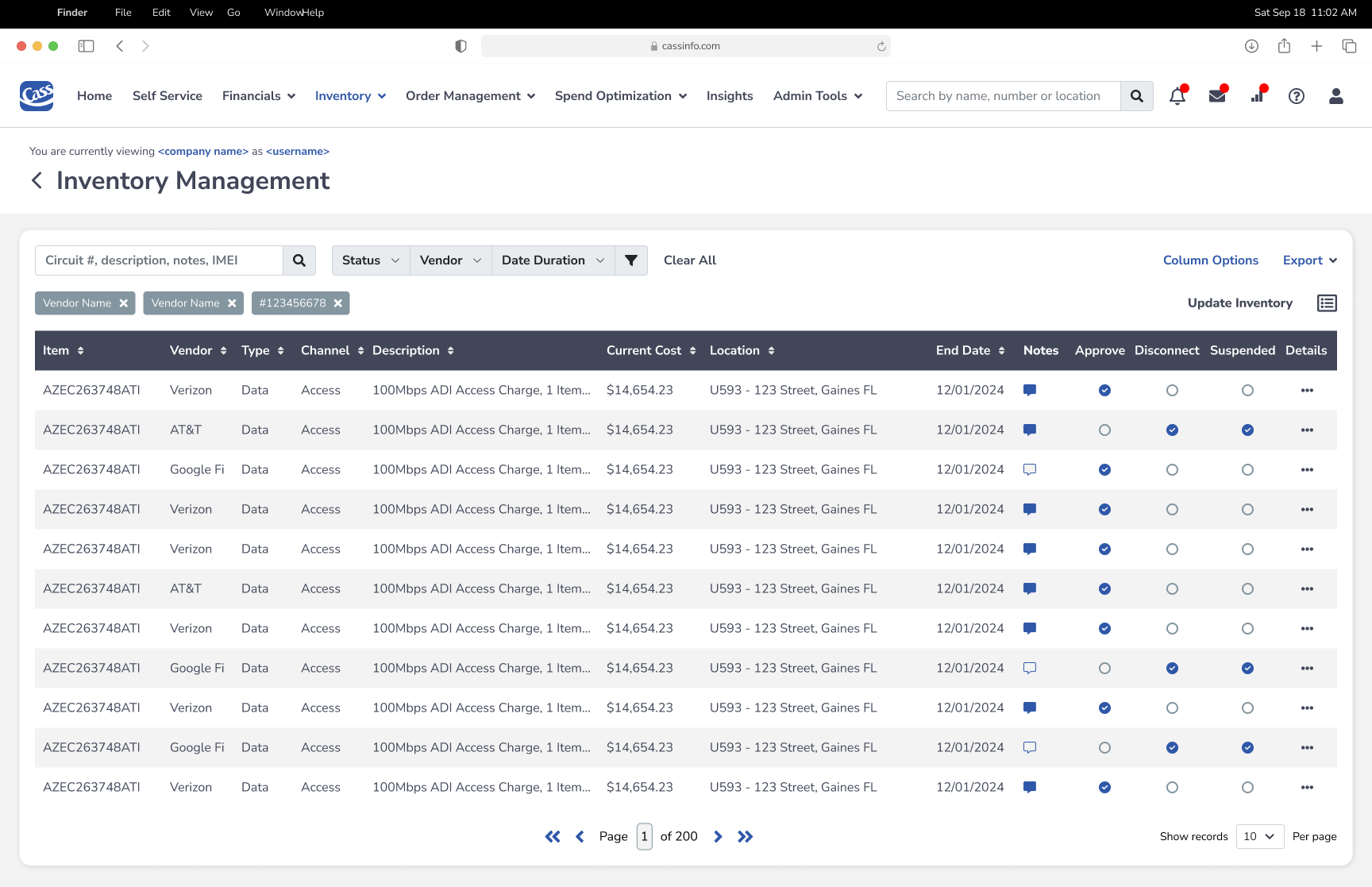 Cass inventory management table with filter chips, sortable columns, and inline actions