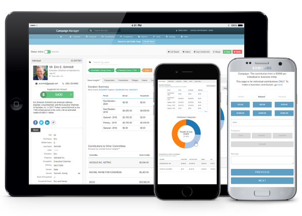 Campaign Manager product screens across laptop, tablet, and mobile devices