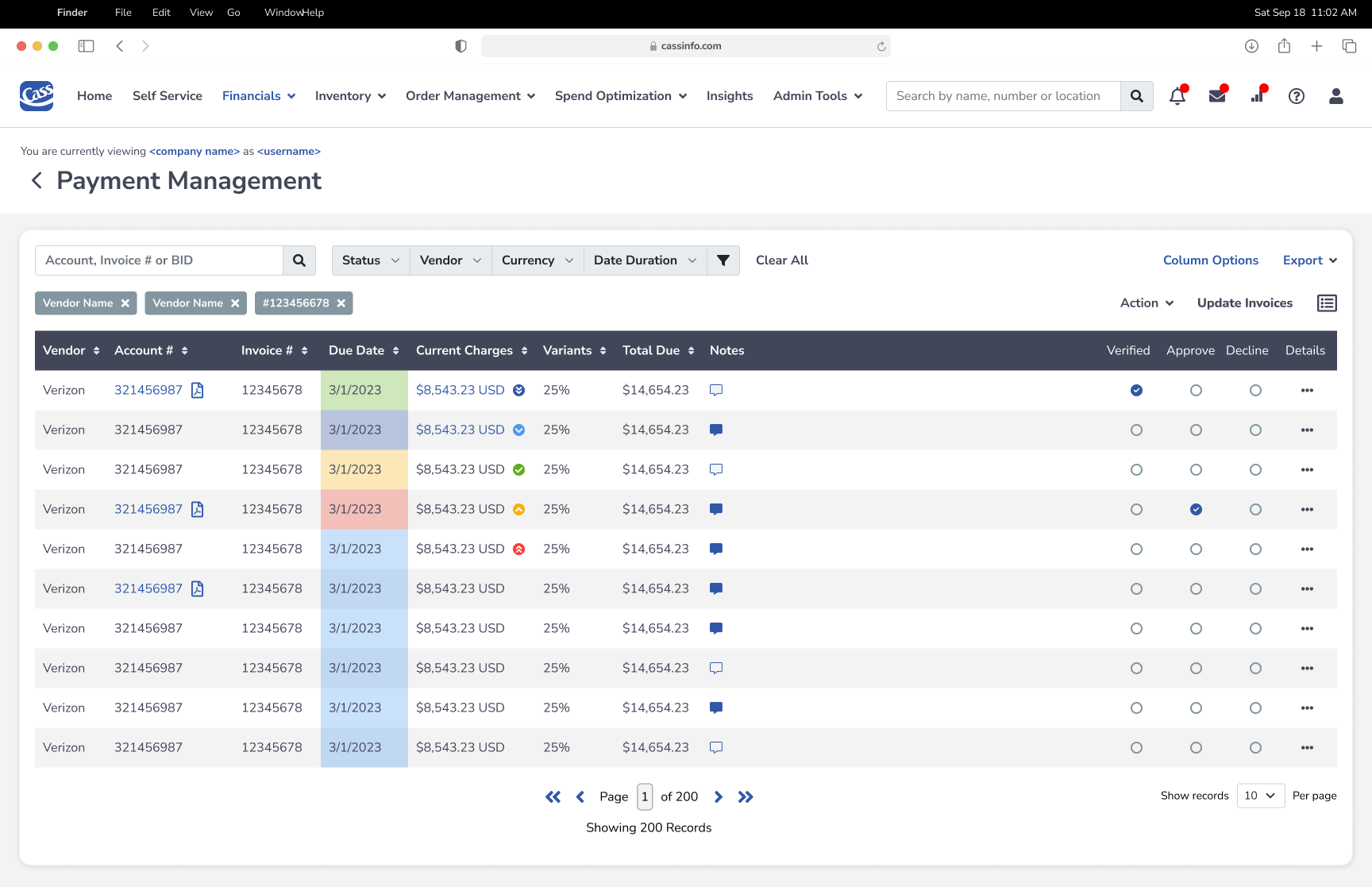 Cass payment management invoice table with search, statuses, due dates, and inline approval actions