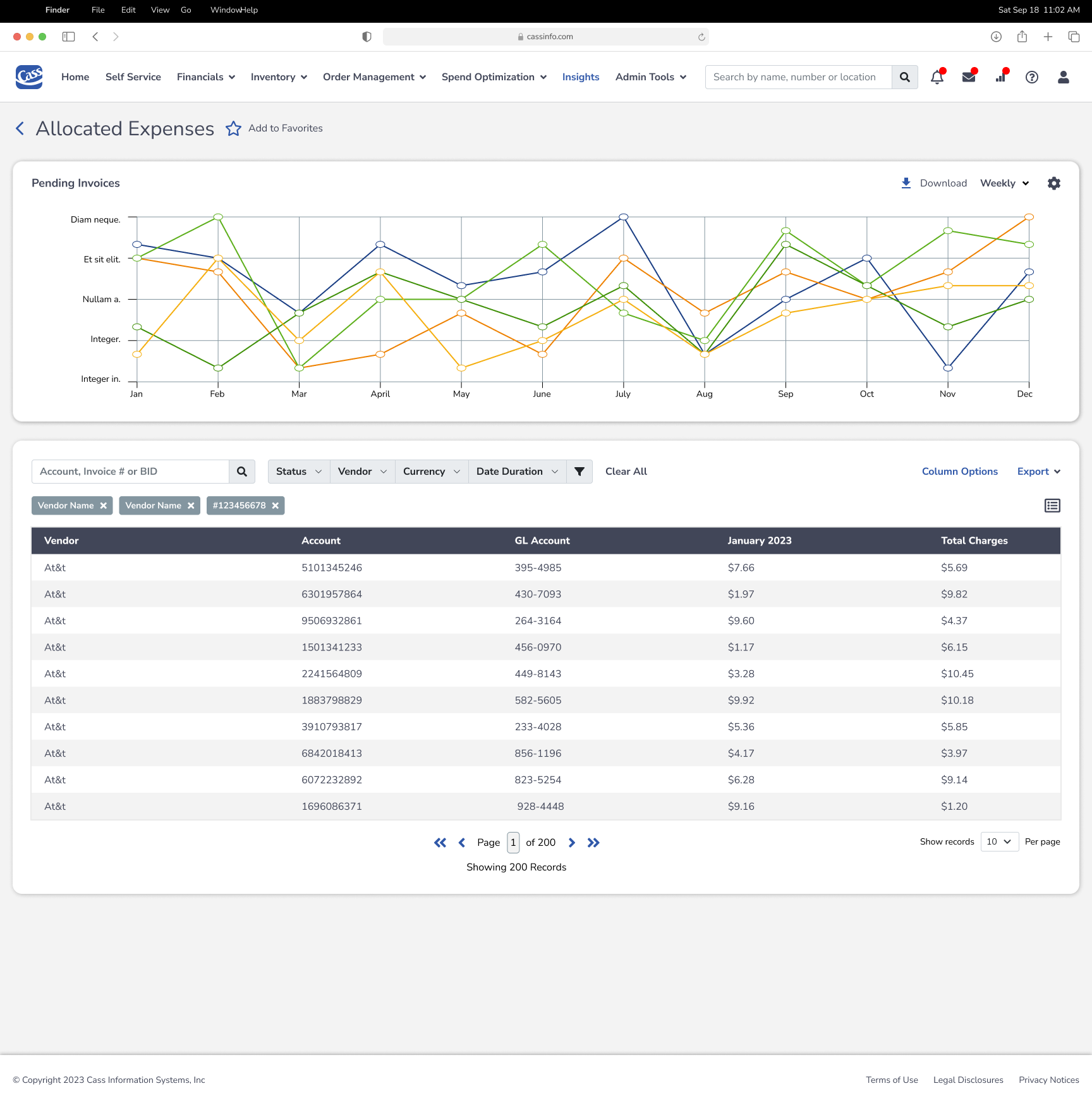 Cass report detail screen with pending invoice chart and allocated expenses table