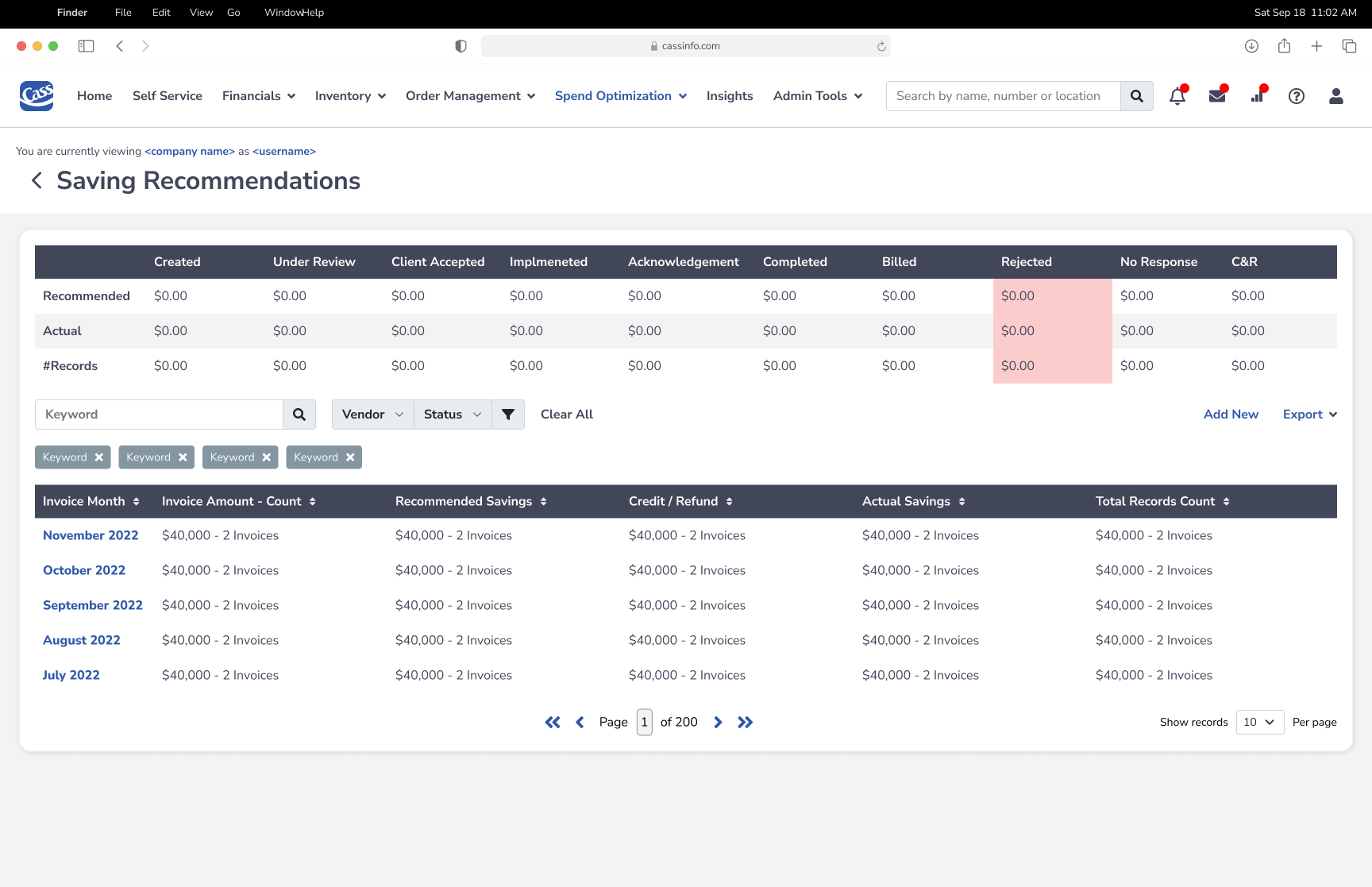 Cass saving recommendations dashboard showing savings status, rejected savings, and monthly tracking