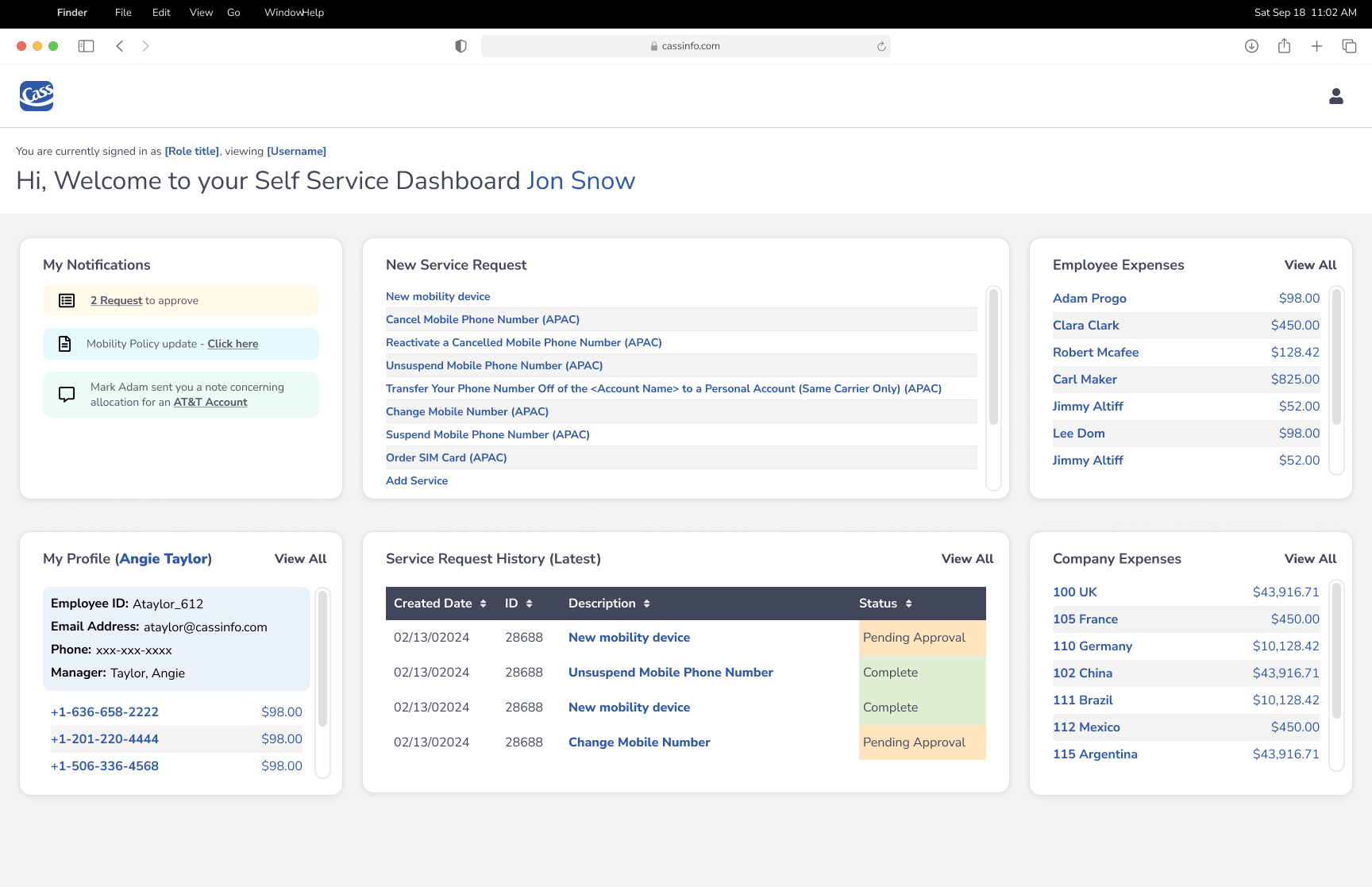Cass self-service dashboard with notifications, service requests, expenses, and request history