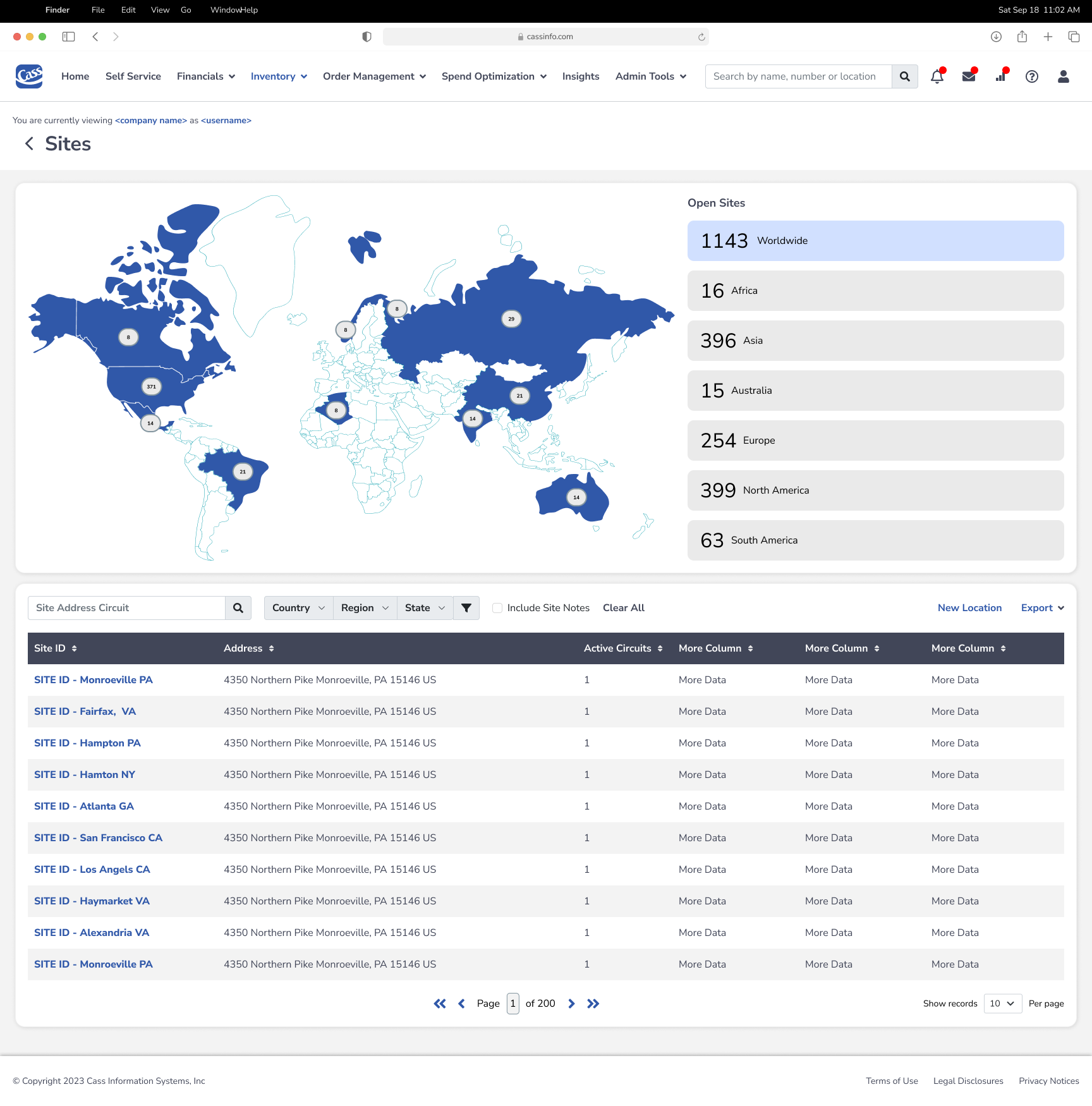 Cass sites module with world map, regional site cards, and searchable site data