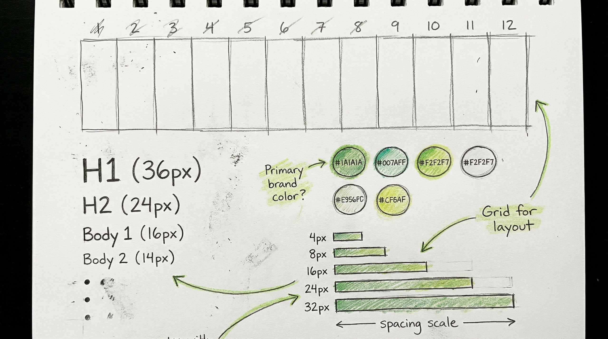 SMBC source sketch defining foundations for grid spacing typography and color
