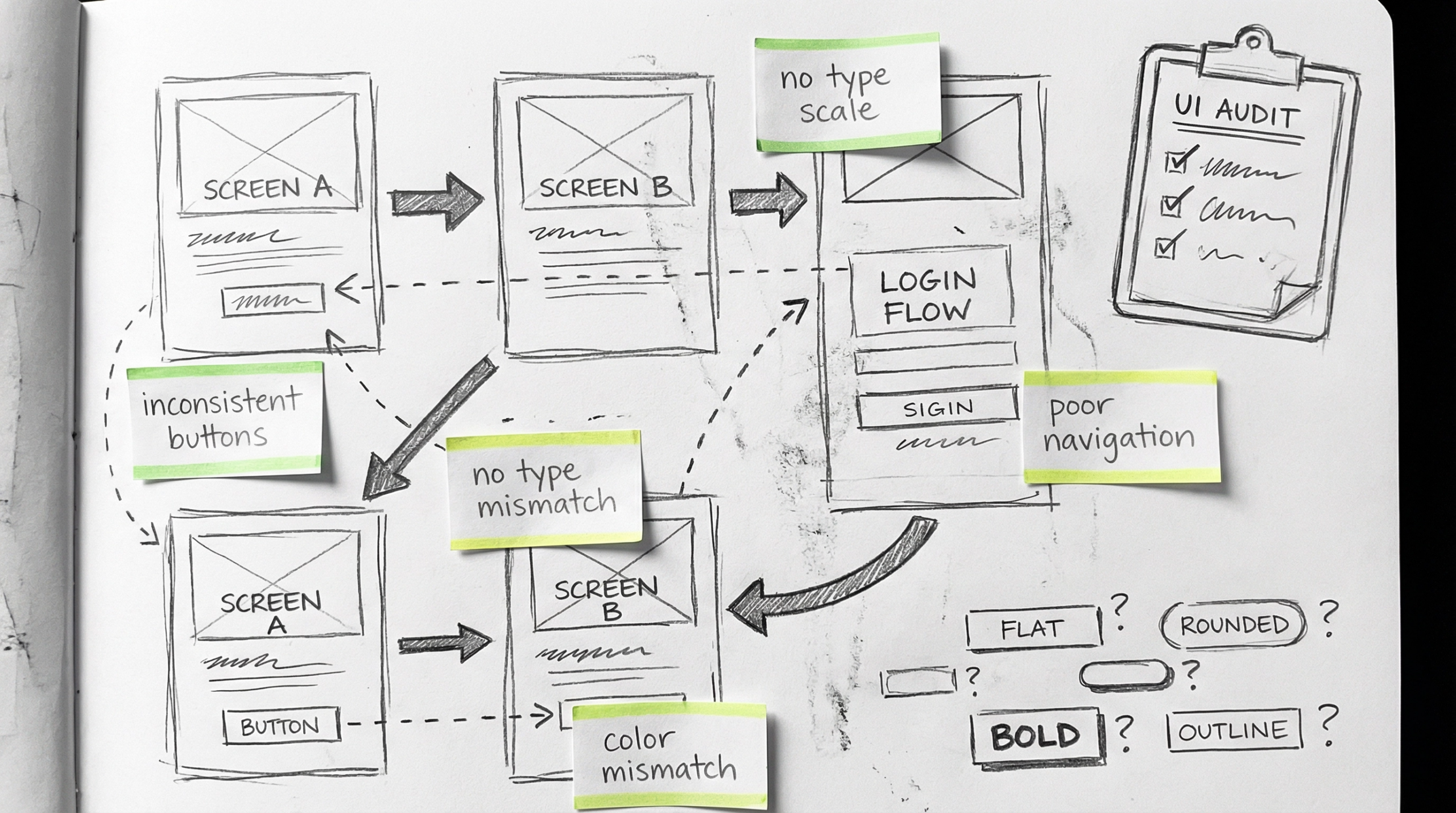 SMBC source sketch showing fragmented UI and research notes for the design system